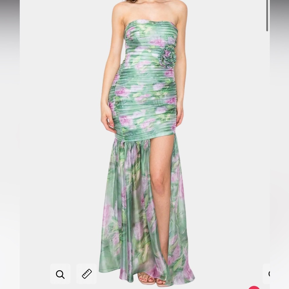 Strapless Green Floral High-Slit Evening Dress